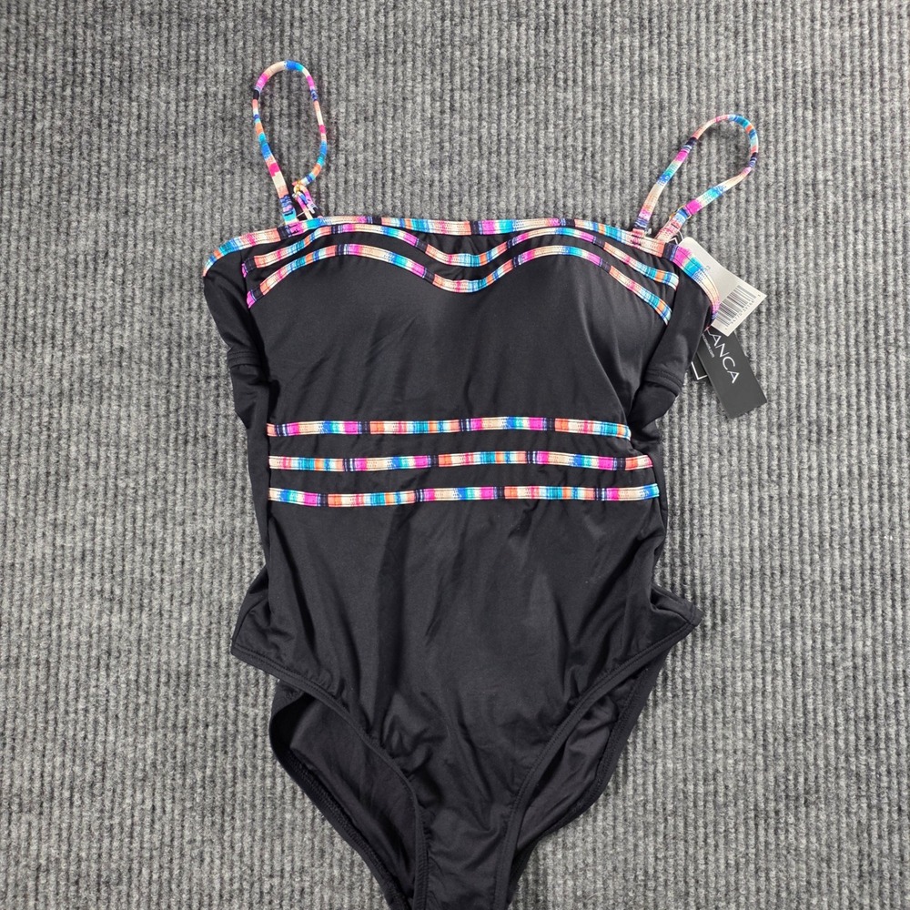 La Blanca Womens Tummy Control One‎ Piece Swimsuit Black Multi Stripe LB2LD13 4